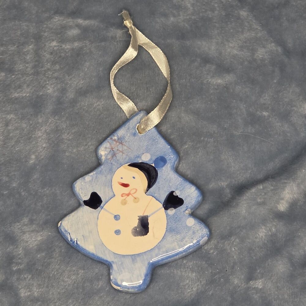 Handmade Hand-Painted Ceramic Christmas Tree Ornament Snowman Blue Glaze